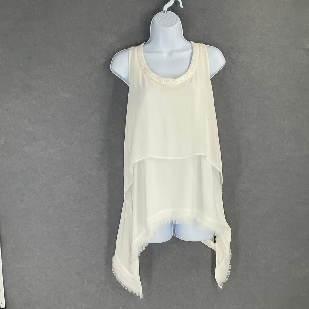 Sioni Top Women Sz M Ivory Layered Fringe Beaded Neckline‎ Clean Girl Feminine